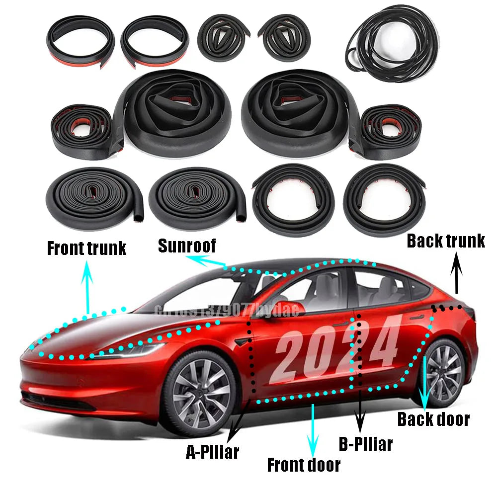 For Tesla Model 3 Highland,,Door Seal Strip Kit Rubber Noise Insulation Weather strip Trunk Hood Sunroof AB Pillar Trim Sealing