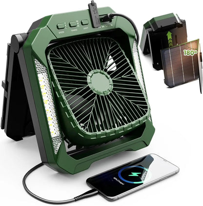 Solar Camping Fan With Foldable&Detachable 18W Solar Panel&20000mAh Rechargeable Battery LED Lantern 3-Speed Silent Timer Hook