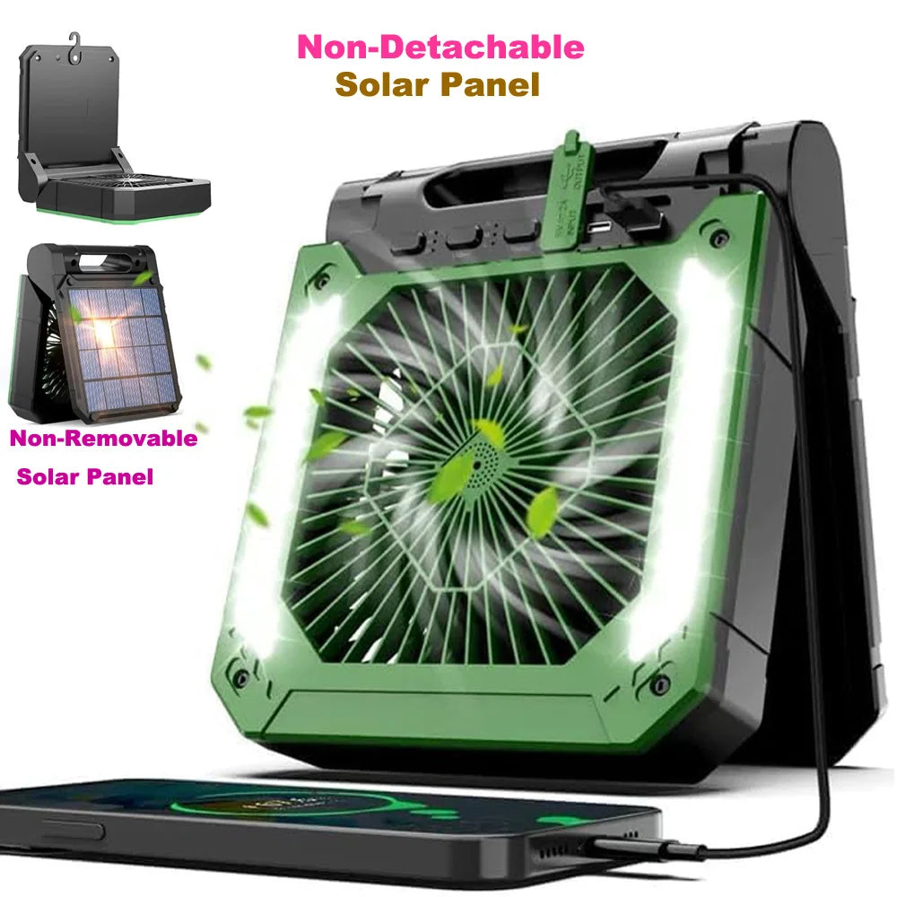 Solar Camping Fan With Foldable&Detachable 18W Solar Panel&20000mAh Rechargeable Battery LED Lantern 3-Speed Silent Timer Hook