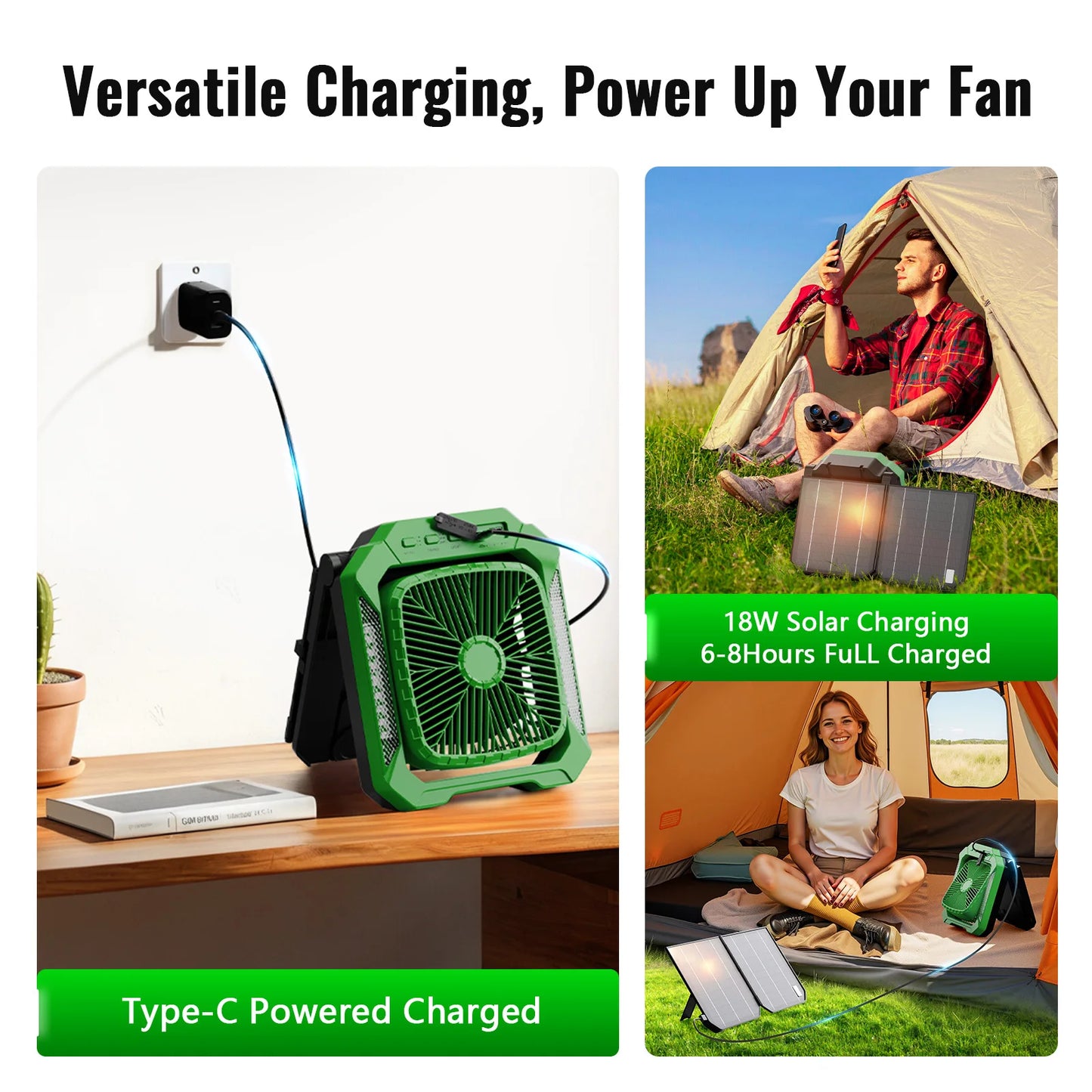 Solar Camping Fan With Foldable&Detachable 18W Solar Panel&20000mAh Rechargeable Battery LED Lantern 3-Speed Silent Timer Hook