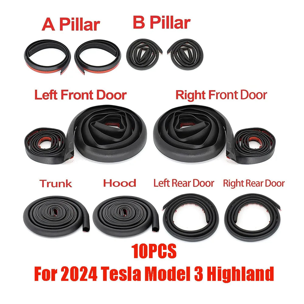For Tesla Model 3 Highland,,Door Seal Strip Kit Rubber Noise Insulation Weather strip Trunk Hood Sunroof AB Pillar Trim Sealing 10PCS no Sunroof 2023-2025