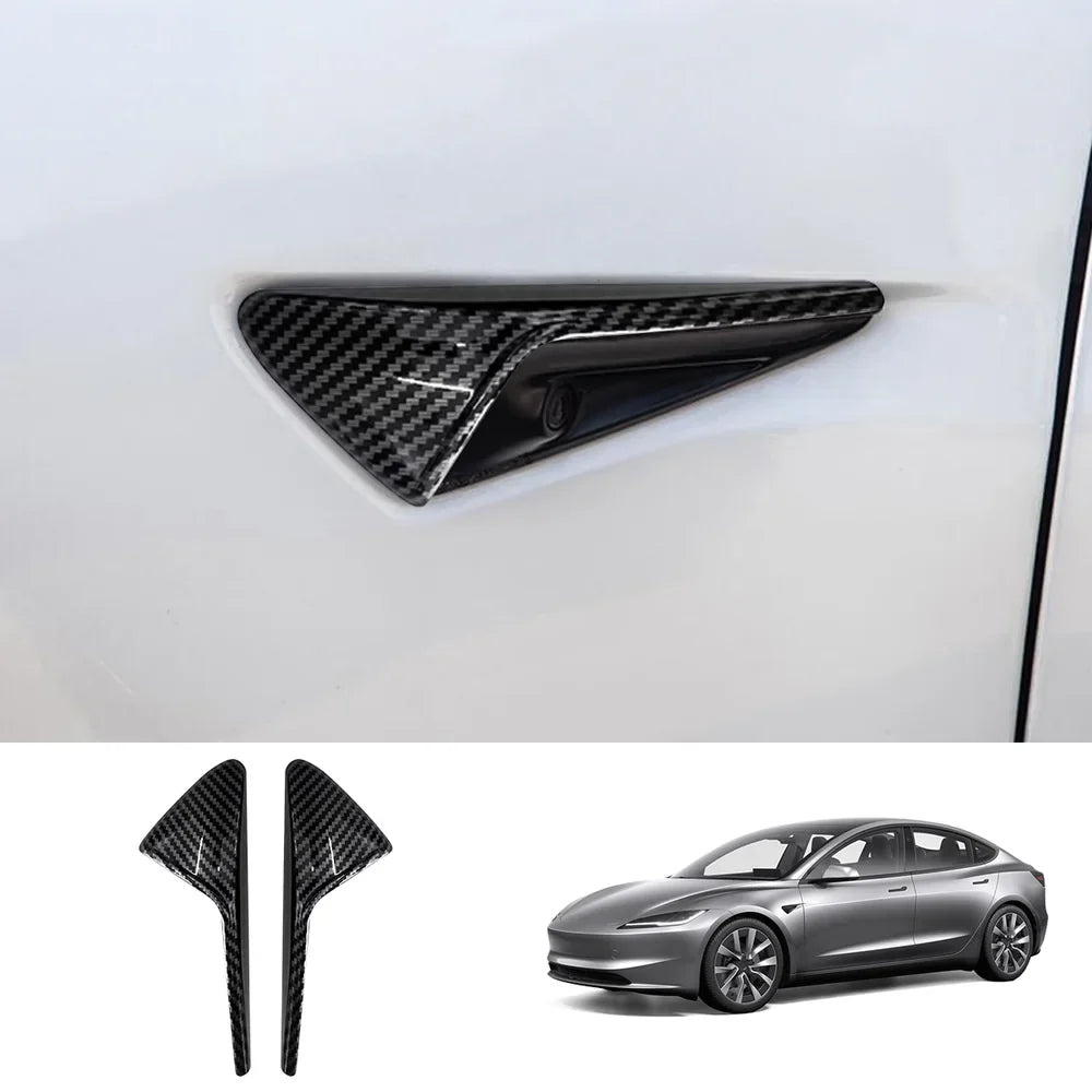 Side Camera Protective Cover for Tesla Model Y Juniper 2025+ / Model 3 Highland 2024+ Model 3 Highland 2024+ Glossy Carbon Fiber Style 2-Piece Set
