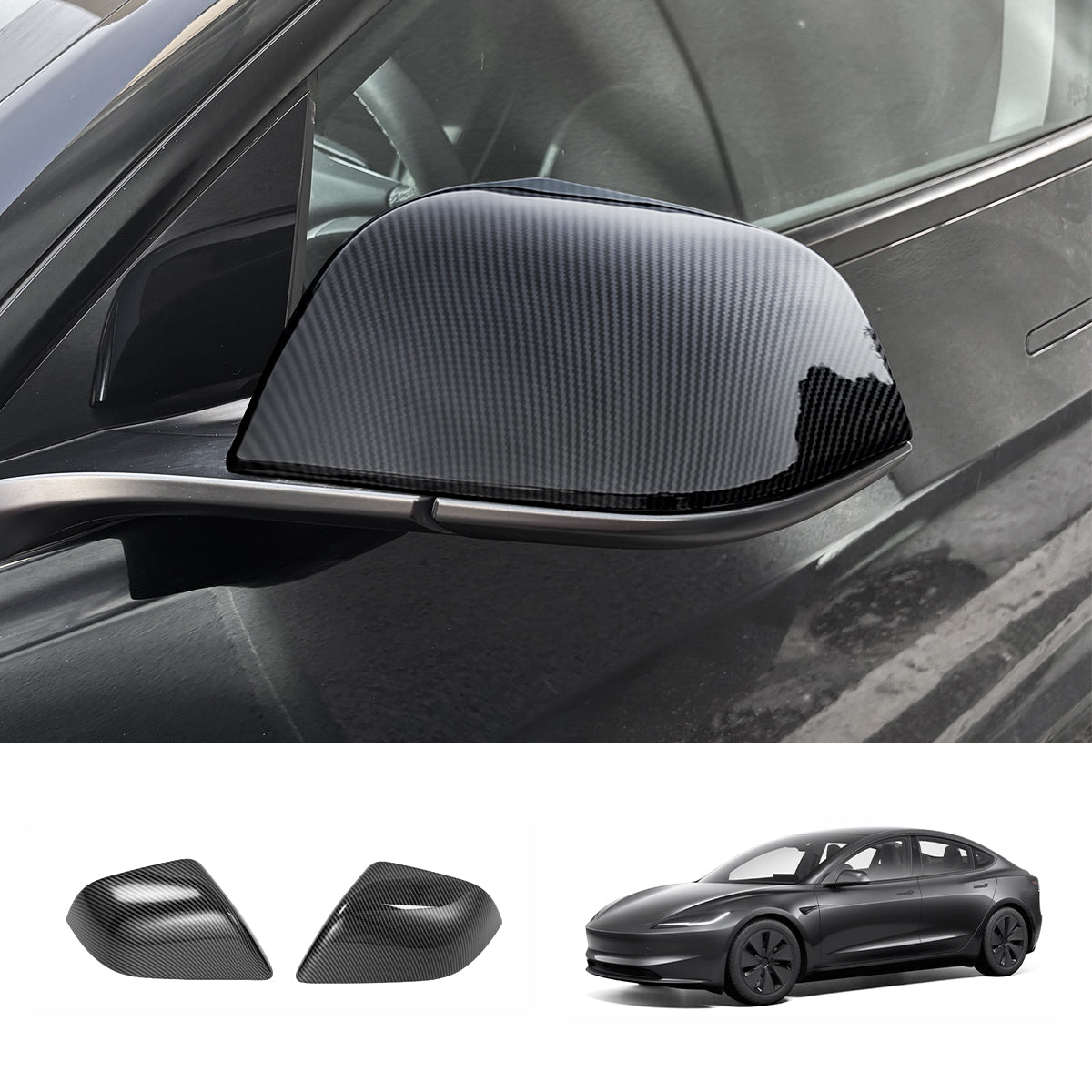 Side Mirror Cover Caps – Protective & Stylish Exterior Trim for Tesla 2024 Model 3 Highland Glossy Carbon Fiber