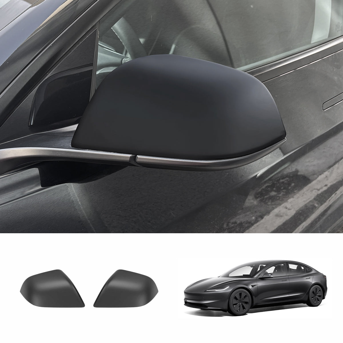 Side Mirror Cover Caps – Protective & Stylish Exterior Trim for Tesla 2024 Model 3 Highland Matte Black