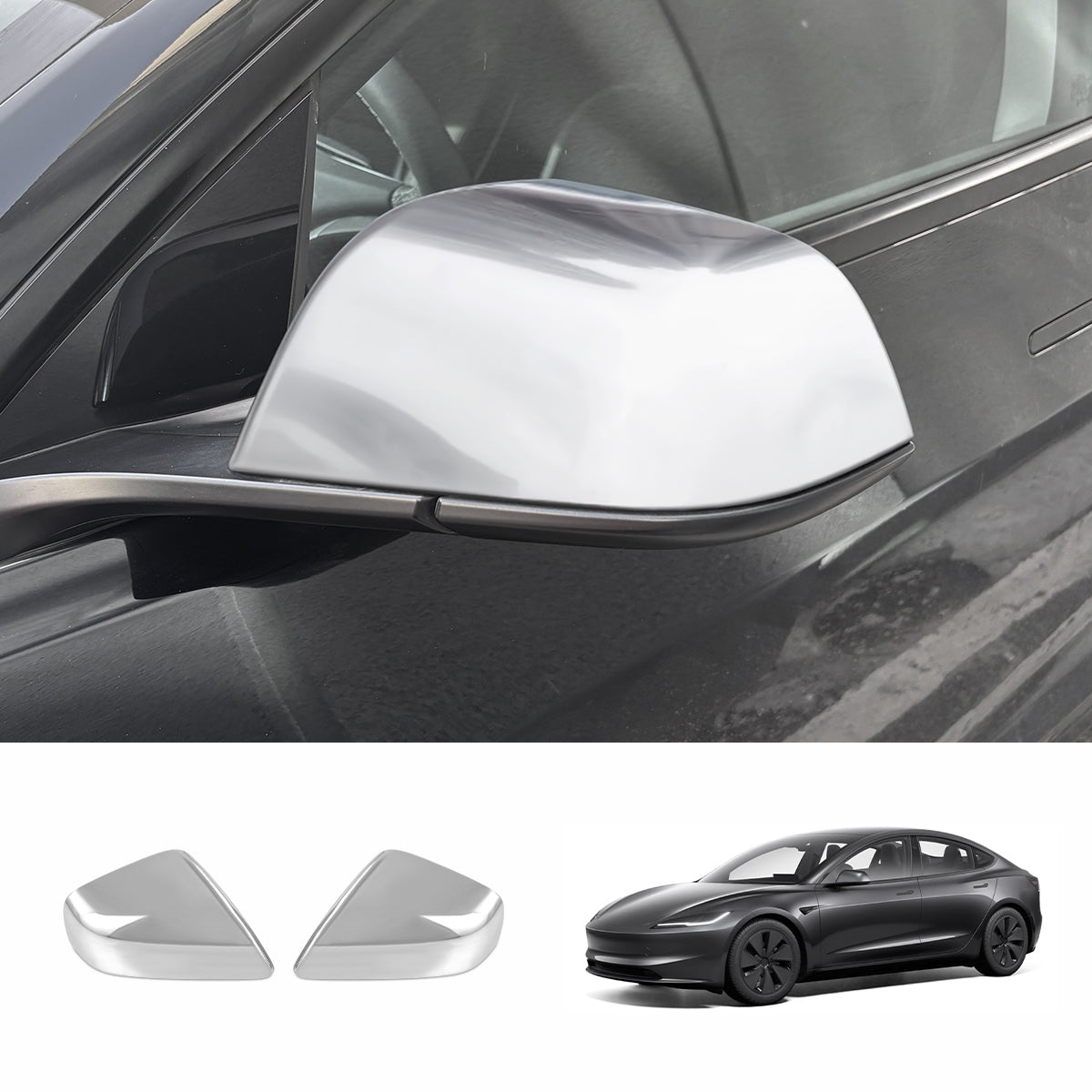 Side Mirror Cover Caps – Protective & Stylish Exterior Trim for Tesla 2024 Model 3 Highland Chrome Silver
