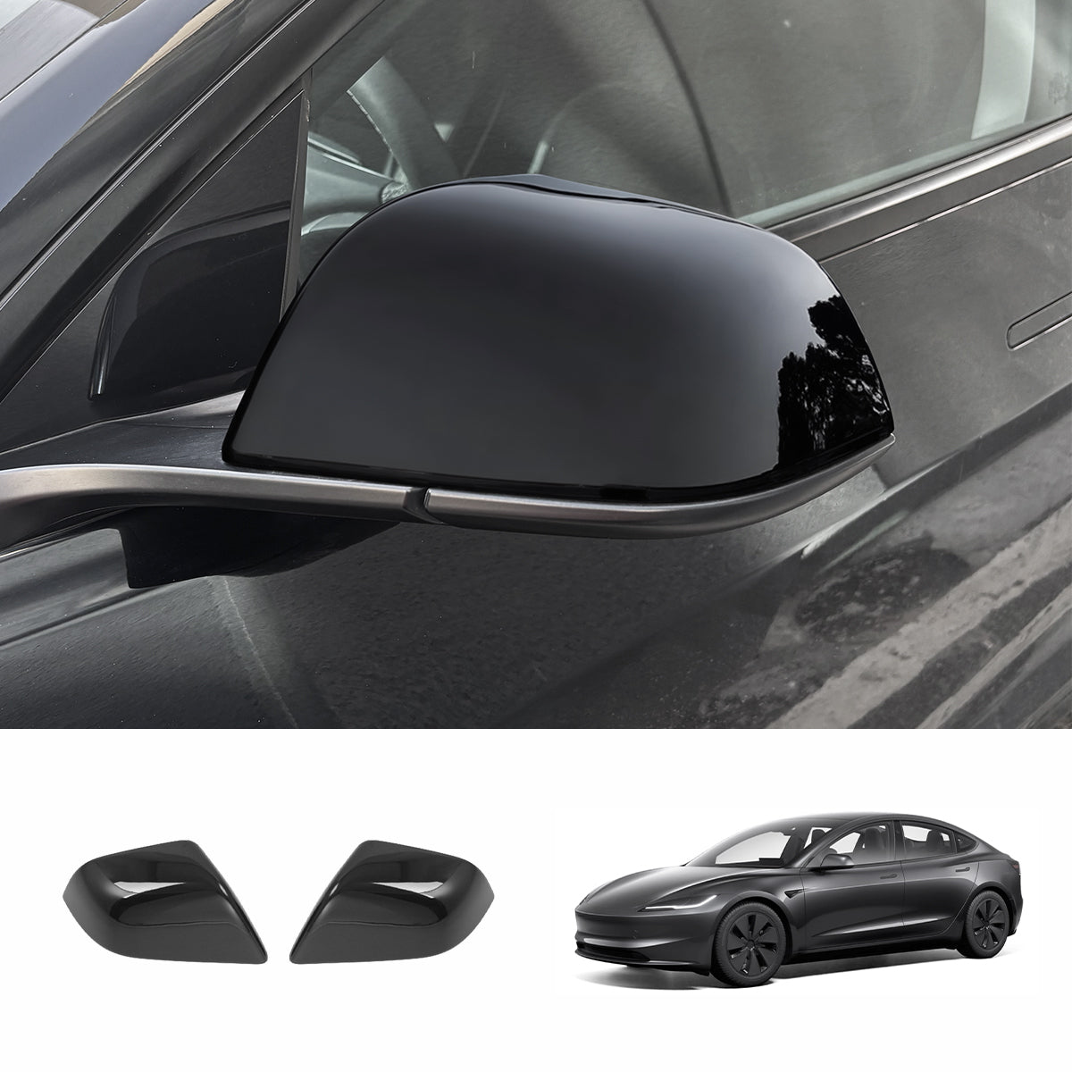 Side Mirror Cover Caps – Protective & Stylish Exterior Trim for Tesla 2024 Model 3 Highland Gloss Black