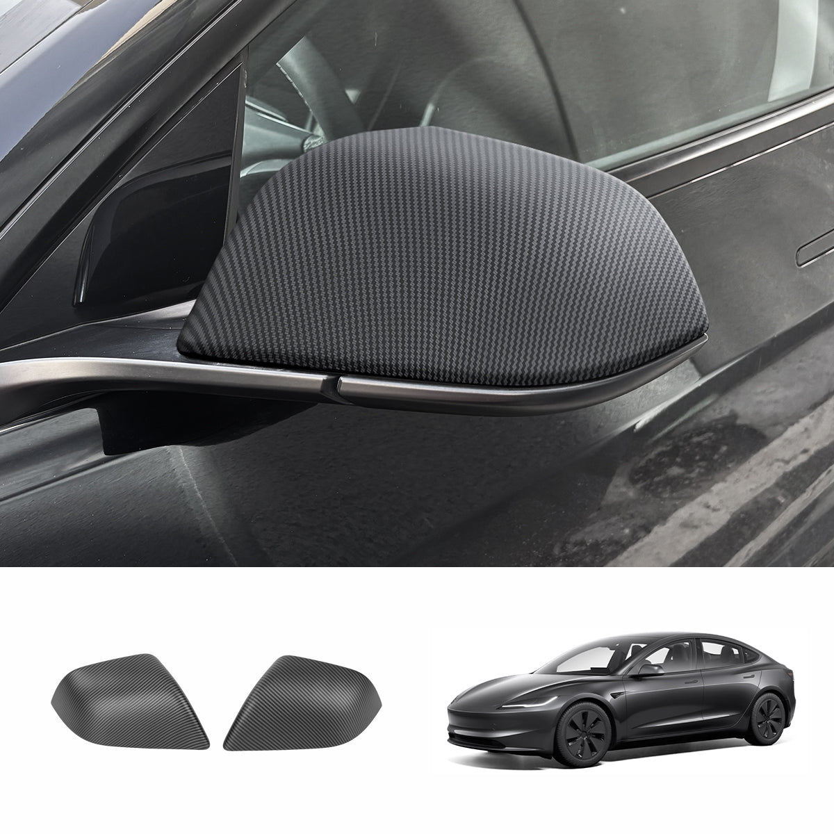 Side Mirror Cover Caps – Protective & Stylish Exterior Trim for Tesla 2024 Model 3 Highland Matte Carbon Fiber