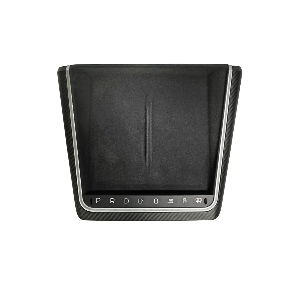 Smart Touch Center Console Wireless Charging Dock with Ambient Light Sync for Tesla Model Y Juniper 2025+ / Model 3 Highland 2024+ Carbon Fiber Style Left-Hand Drive