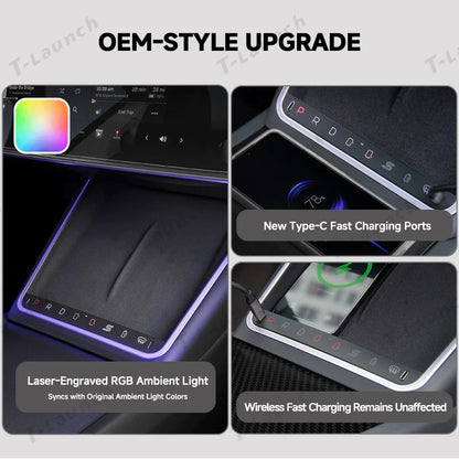 Smart Touch Center Console Wireless Charging Dock with Ambient Light Sync for Tesla Model Y Juniper 2025+ / Model 3 Highland 2024+