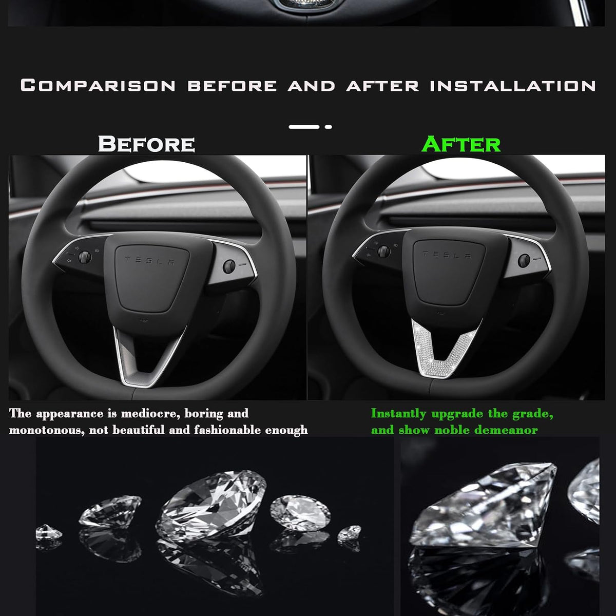 Crystal Bling Steering Wheel Trim for Tesla Model Y Juniper & Model 3 Highland