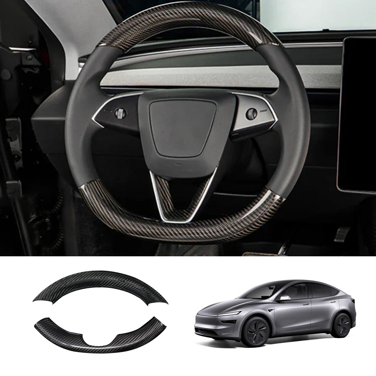 [Real Carbon Fiber] Steering Wheel Caps Cover for Tesla Model Y Juniper 2025+ Glossy Carbon Fiber Without Center Mark