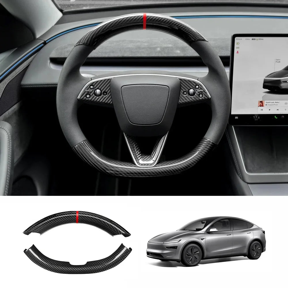 [Real Carbon Fiber] Steering Wheel Caps Cover for Tesla Model Y Juniper 2025+ Glossy Carbon Fiber With Red Center Mark