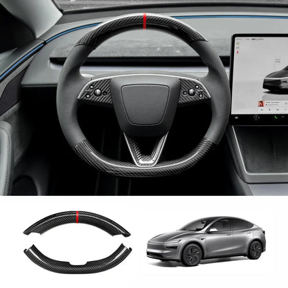[Real Carbon Fiber] Steering Wheel Caps Cover for Tesla Model Y Juniper 2025+ Glossy Carbon Fiber With Red Center Mark