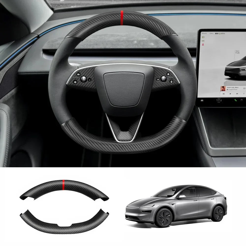 [Real Carbon Fiber] Steering Wheel Caps Cover for Tesla Model Y Juniper 2025+ Matte Carbon Fiber With Red Center Mark