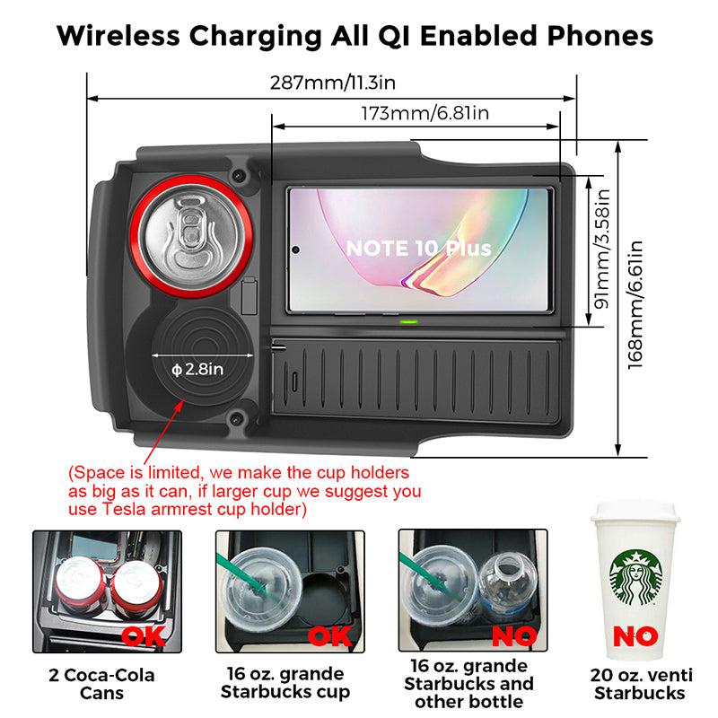 T-Box Wireless Phone Charging Organizer with Cup Holder For Tesla Model S X