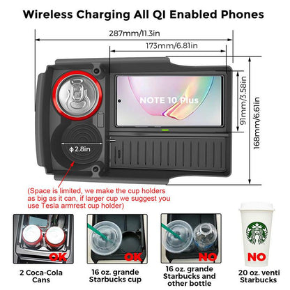 T-Box Wireless Phone Charging Organizer with Cup Holder For Tesla Model S X