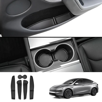 TPE Door Storage & Cup Holder Mats for Tesla Model Y Juniper 2025+ Black 5-Piece Set