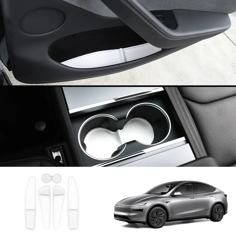 TPE Door Storage & Cup Holder Mats for Tesla Model Y Juniper 2025+ White 5-Piece Set
