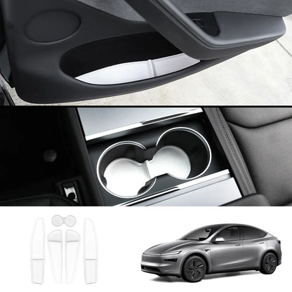 TPE Door Storage & Cup Holder Mats for Tesla Model Y Juniper 2025+ White 5-Piece Set