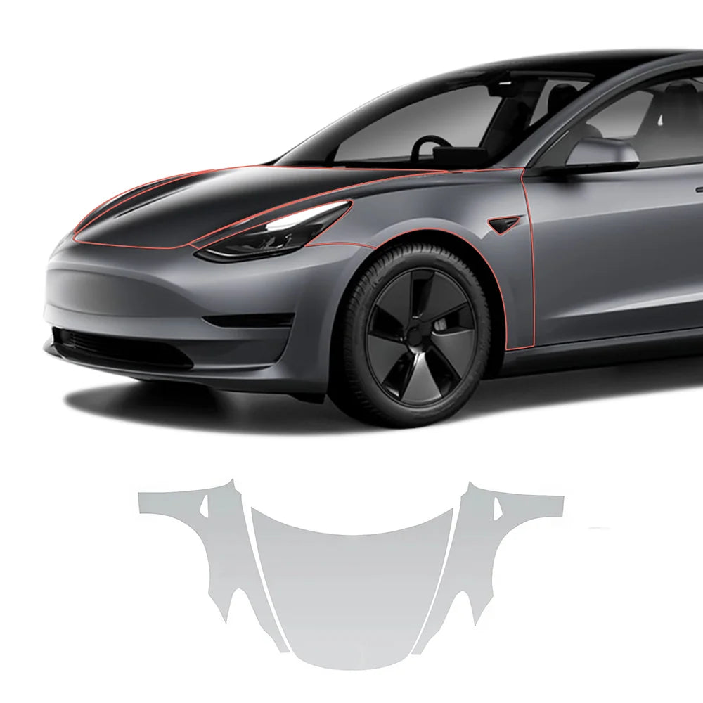Glossy TPU Invisible Full Car Paint Protection Film (PPF) for Tesla Model 3 (2020-2023) Set 2 - Hood Kit (3 Pcs)
