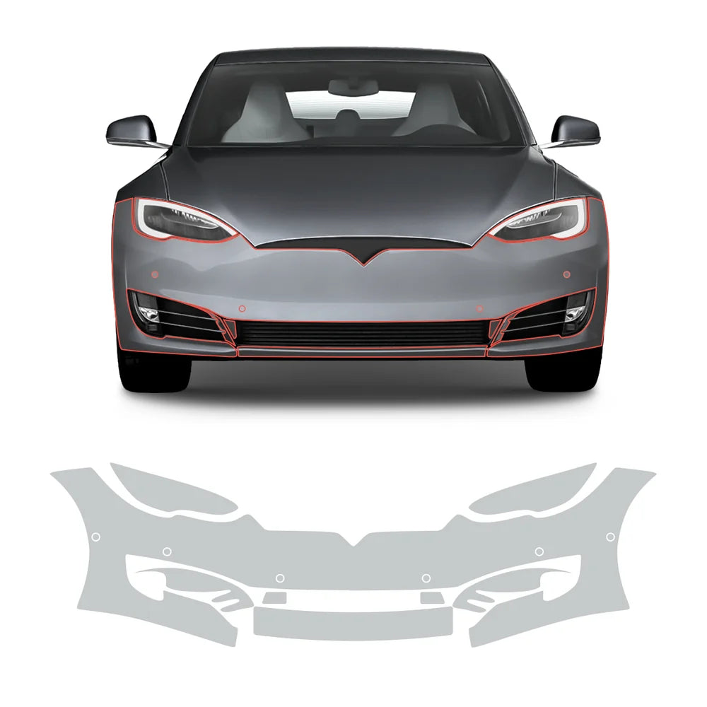 Glossy TPU Invisible Full Car Paint Protection Film (PPF) for Tesla Model S (2016-2020) Set 1 - Front Bumper Kit (8 Pcs)