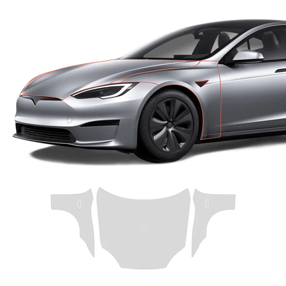 Glossy TPU Invisible Full Car Paint Protection Film (PPF) for Tesla Model S (2021-2024) Set 2 - Hood Kit (3 Pcs)