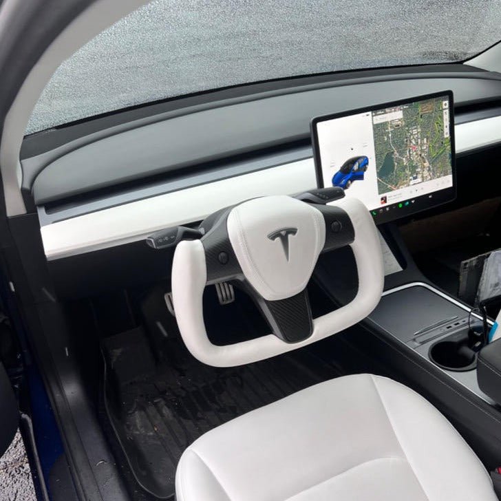 Tesla Model 3 / Y White Leather Yoke Steering Wheel