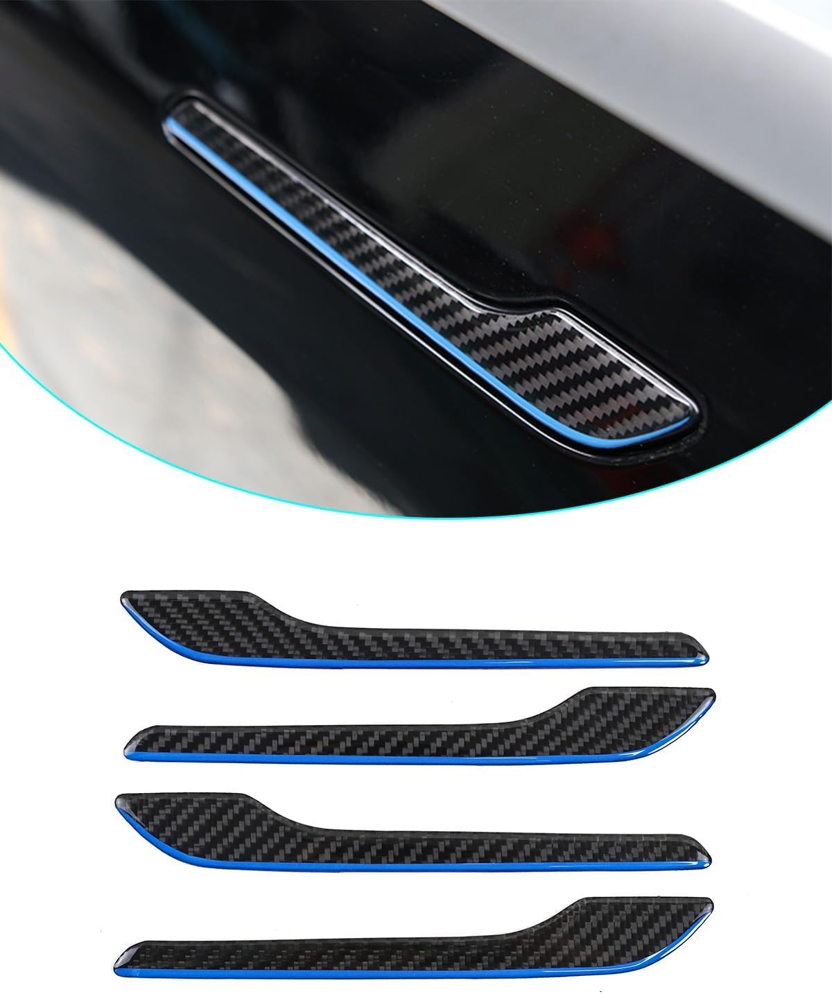 Carbon Fiber Door Handle Cover for Model 3/Y Blue rim with drip