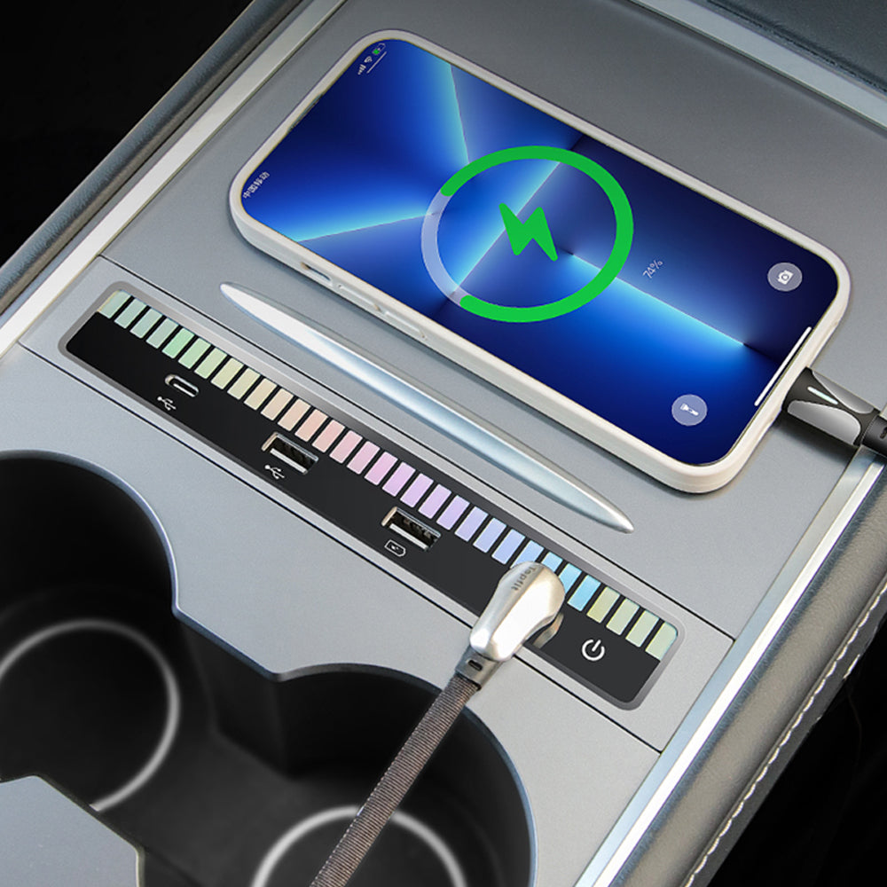 USB Hub Adapter With Ambient Light Voice Control Multiport Center Console Adapter For Tesla Model 3 /Y