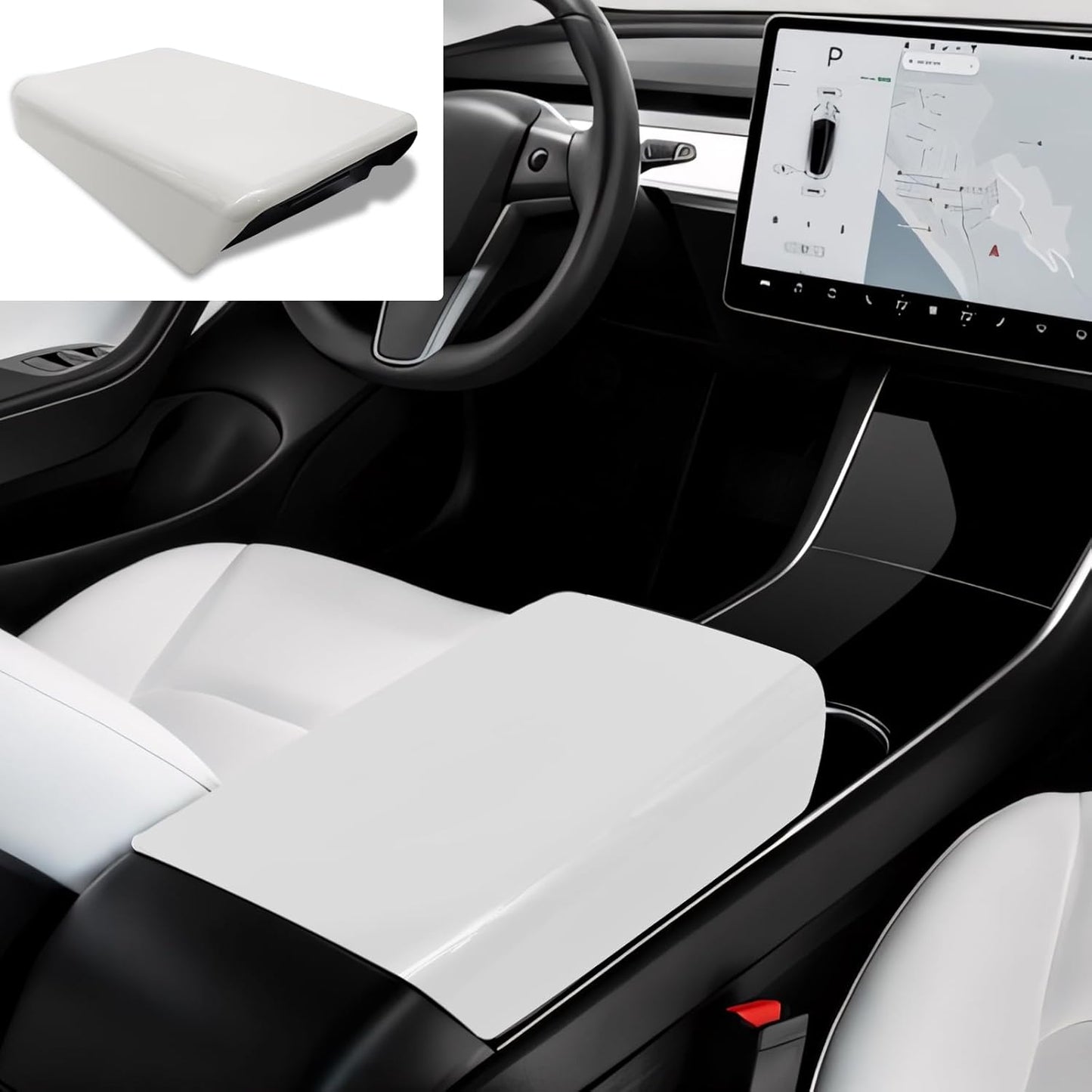 Waterproof Car Armrest Cover for Tesla Model 3/Y Metallic White
