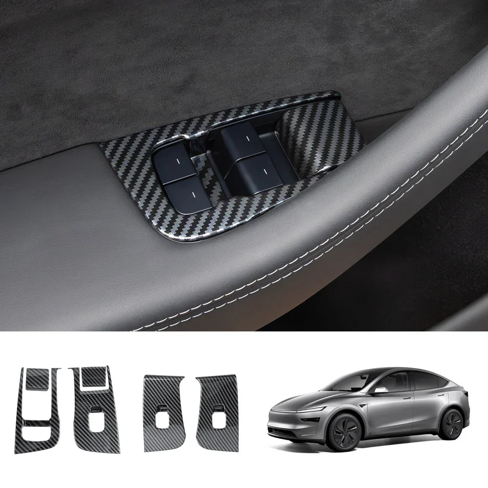 Window & Door Button Trim Cover Set (10 PCS) for Tesla Model Y Juniper 2025+ 6-Piece Set – Window Only Glossy Carbon Fiber