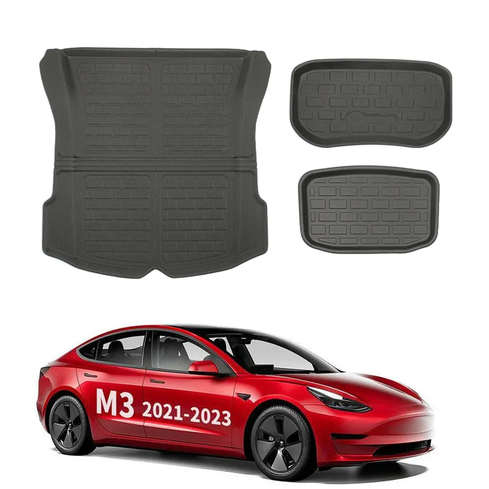 All Weather XPE Interior Floor Mats Cargo Liners Set for 2021-2023 Tesla Model 3 Frunk + Trunk Upper&Lower Mat (3 PCS) Left-Hand Drive