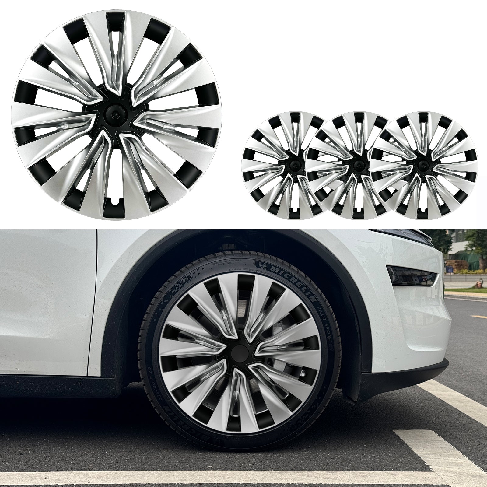 19" Turbine Style Wheel Hub Cover For Tesla Model Y 2020-2024 Turbine Silver Black