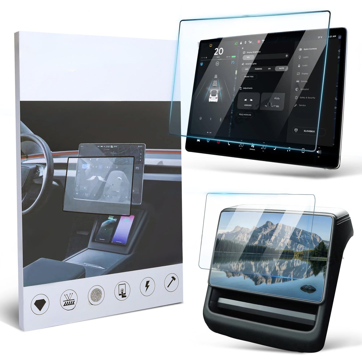 2024 Model 3 Highland Tempered Glass(9H) Screen Protector For Tesla Dashboard Screen & Second Row Seat Screen