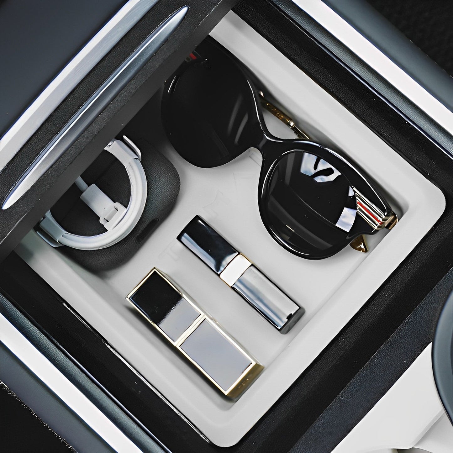 Double-layer Organizer - Sliding Center Console Tray for Tesla Model 3/Y (2021-2023) Cream Style 1