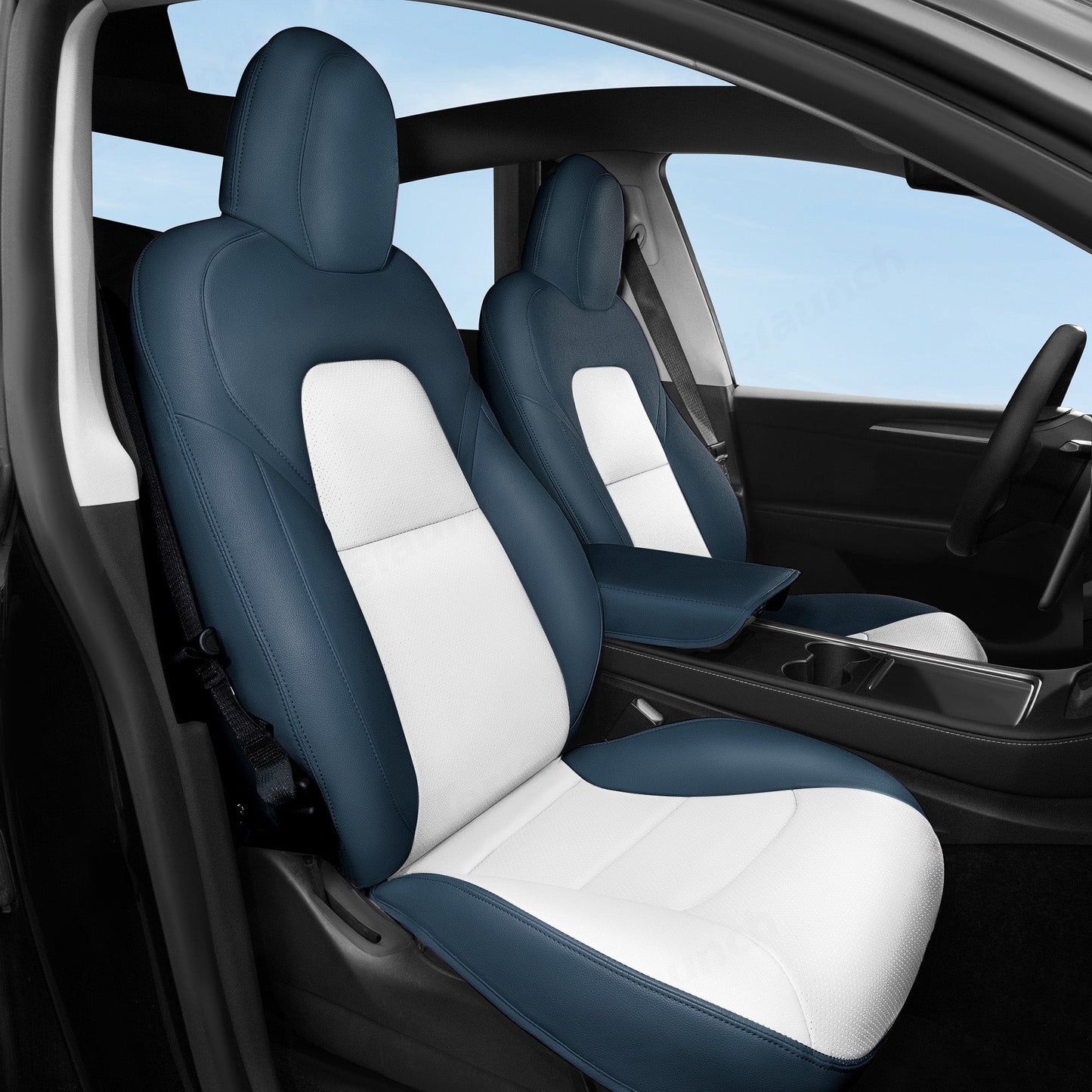 All-Inclusive 2020-2024 5 Seat Tesla Model Y Seat Cover Standard Leather Blue White