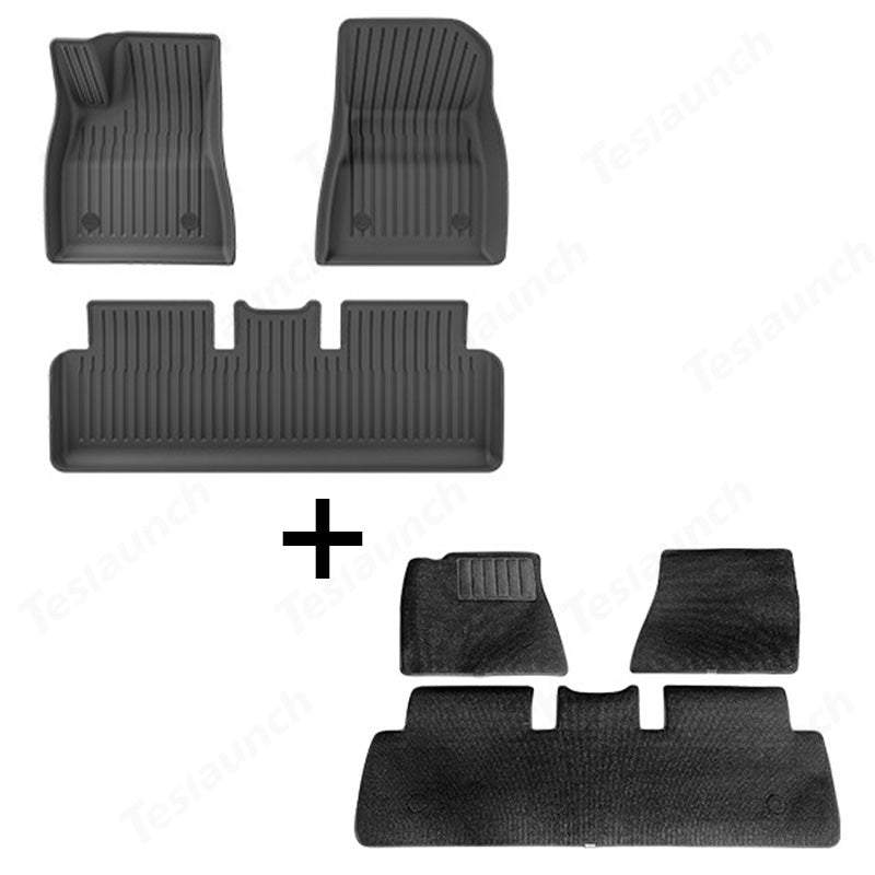 2024 Model 3 Highland Floor Mats All Weather Double Layer Flocking TPE For Tesla Floor Mat+Elbow Yarn Carpet(6 PCS) Velcro