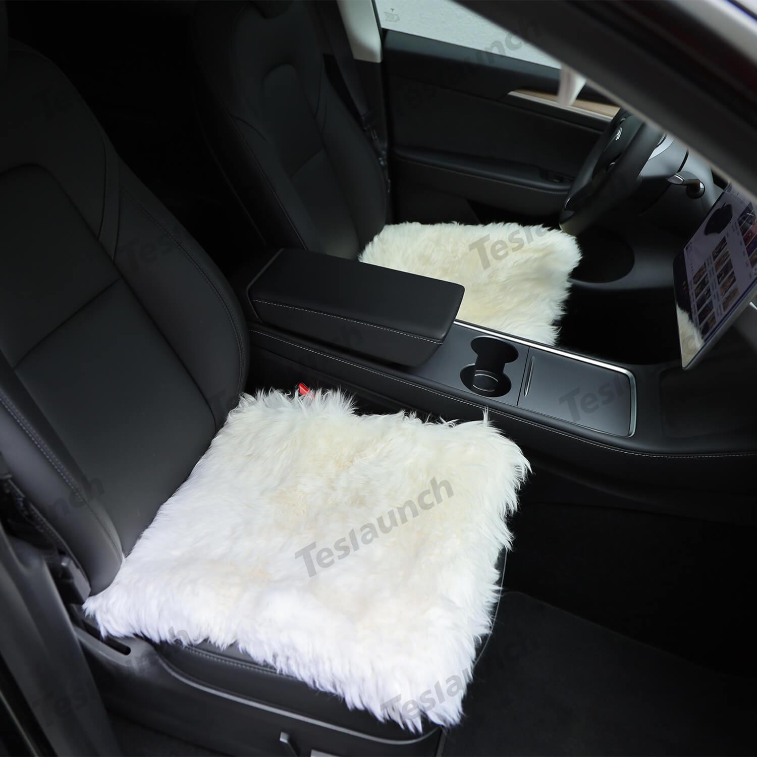 Faux Sheepskin Front Seat Covers Black/White For Tesla Model S/X/3/Y/Cybertruck-2PCS