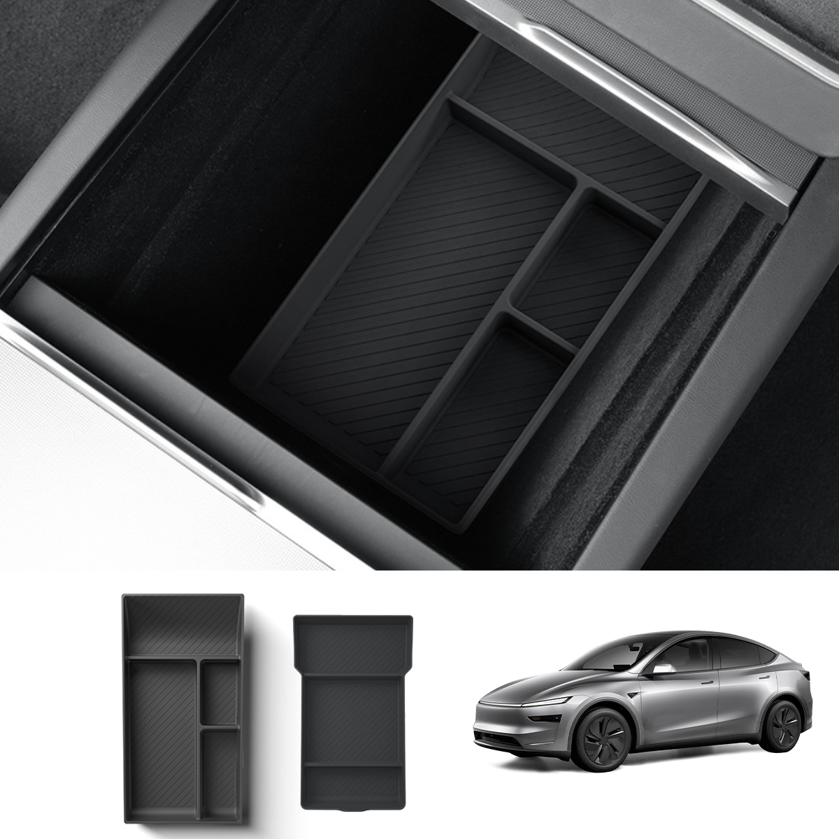 Silicone Center Console & Armrest Lower Storage Tray for Tesla Model Y Juniper 2025+ Center & Armrest Storage Trays Black