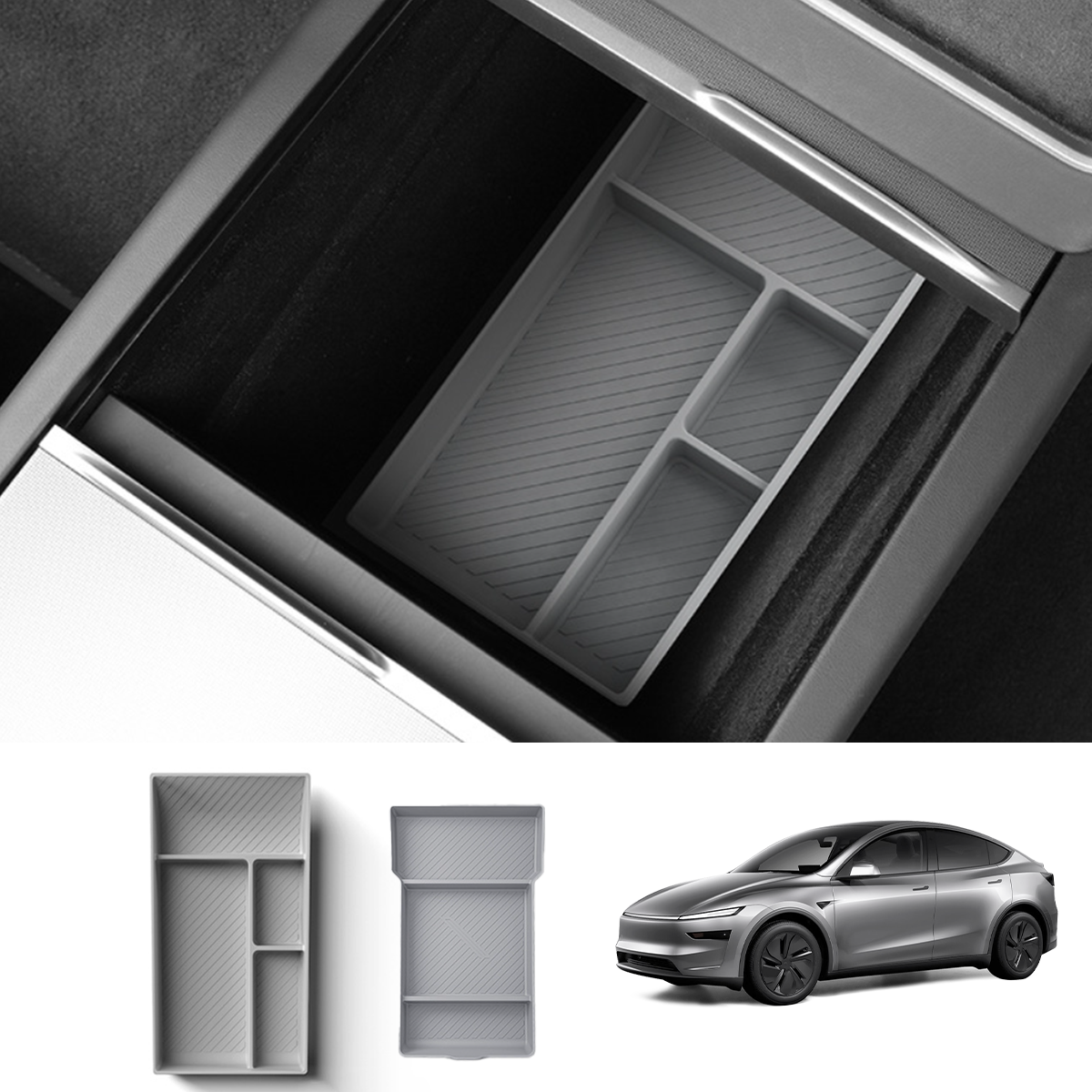 Silicone Center Console & Armrest Lower Storage Tray for Tesla Model Y Juniper 2025+ Center & Armrest Storage Trays Grey