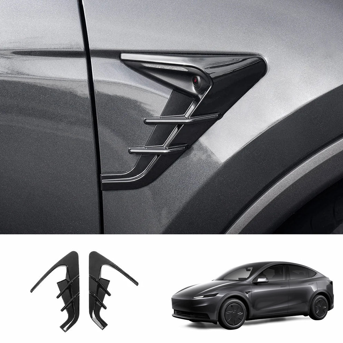 ABS Turn Signal & Camera Covers with Air Blades for 2026 New Tesla Model Y Standard Glossy Black