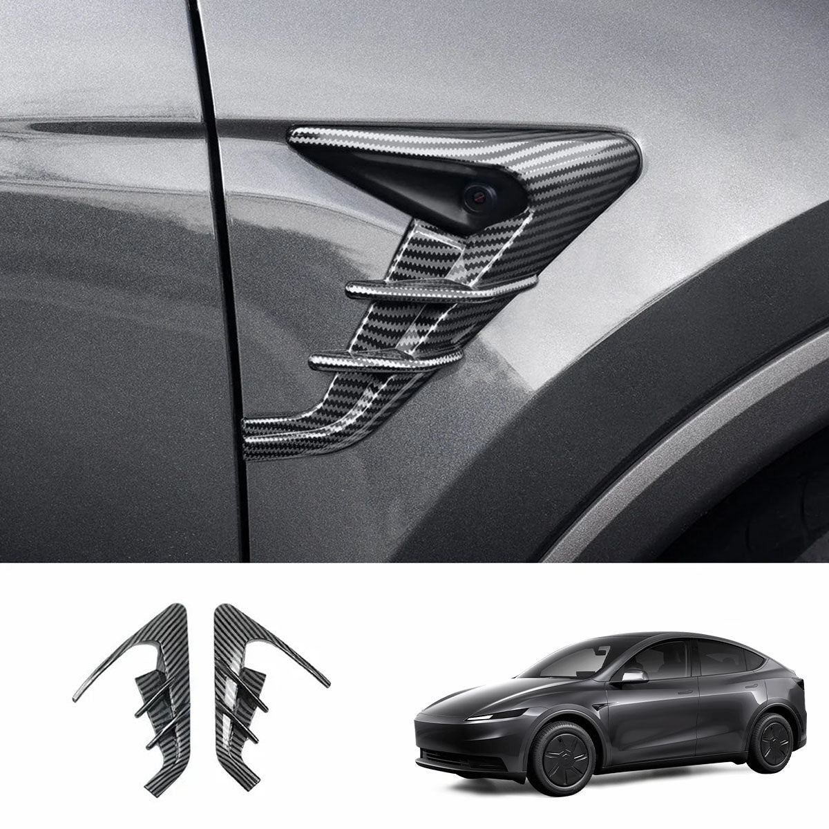 ABS Turn Signal & Camera Covers with Air Blades for 2026 New Tesla Model Y Standard Glossy Carbon Style