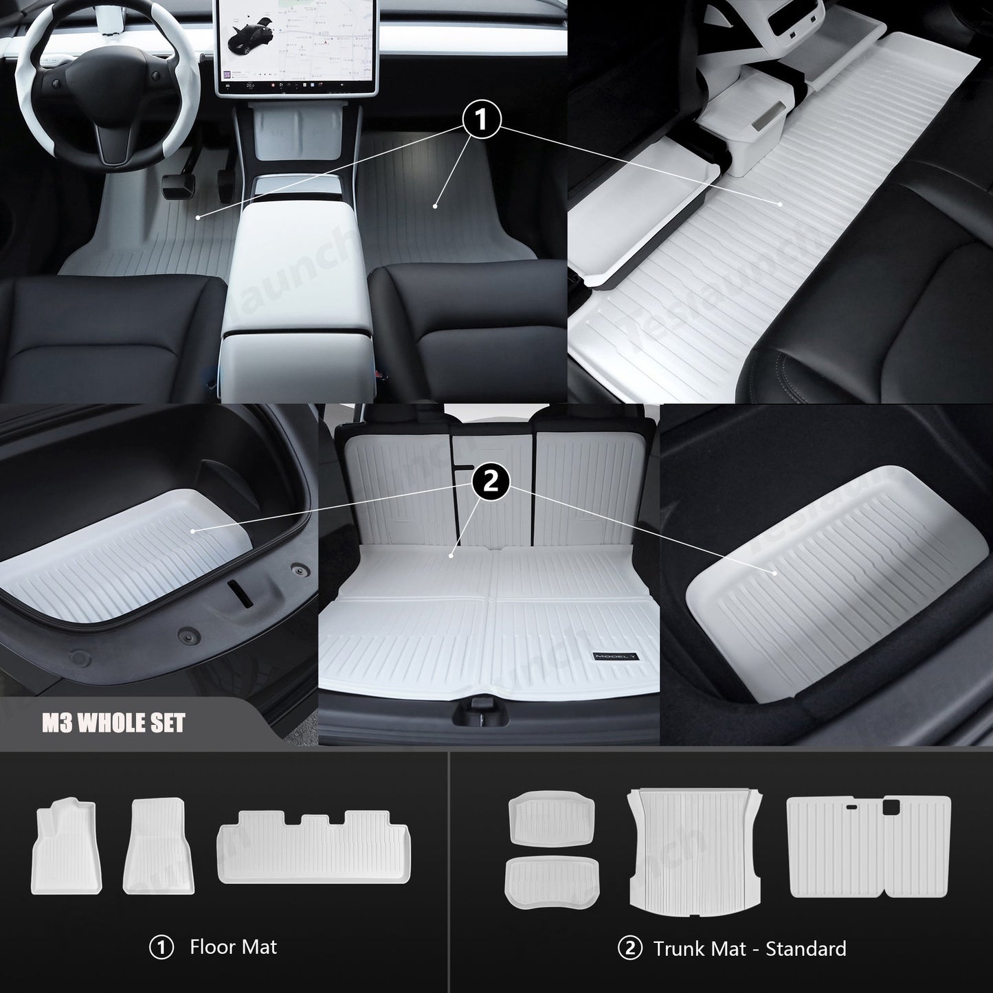 White TPE All Weather Floor Mat for Tesla Model 3/Y 2021-2023 Model 3 Whole Set