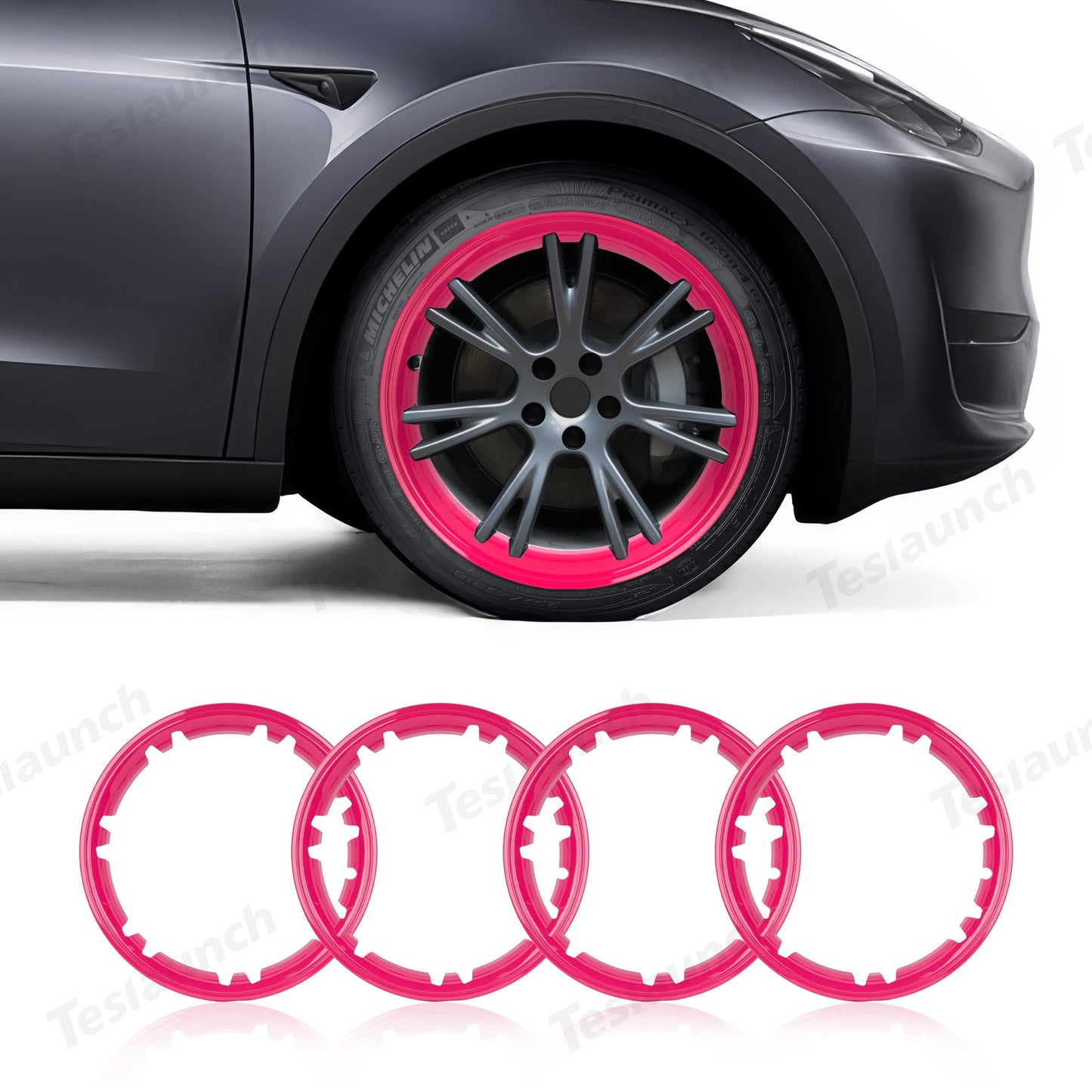 All-in-one Rim Protector for Tesla Model Y 19-inch Gemini Wheel （Cannot be used with the original wheel cover） Rose Red Standard Set (4pcs) With Cap Kit