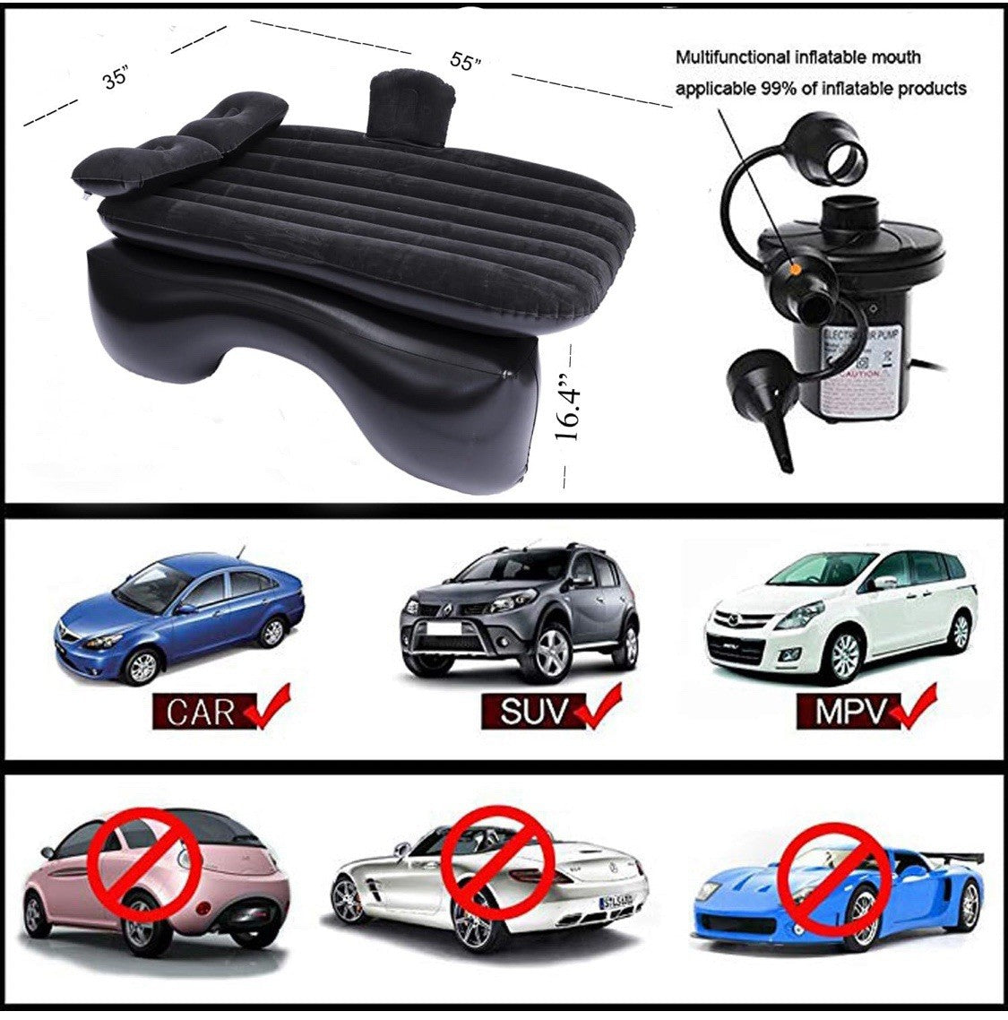 Inflatable Car Air Mattress Back Seat Bed with Pump for Camping