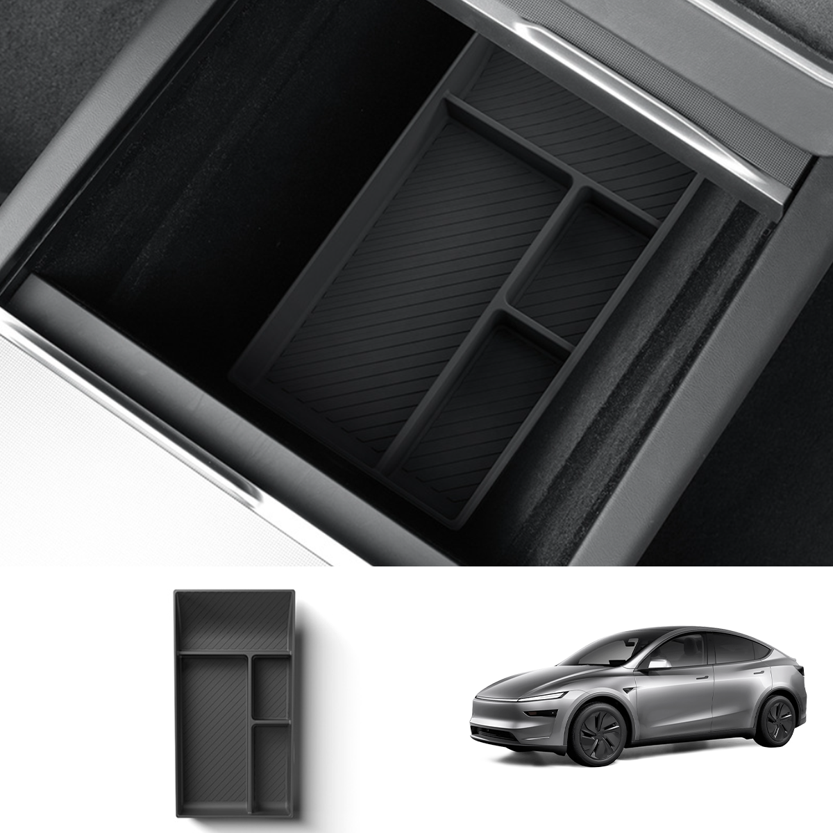 Silicone Center Console & Armrest Lower Storage Tray for Tesla Model Y Juniper 2025+ Center Storage Tray Only Black