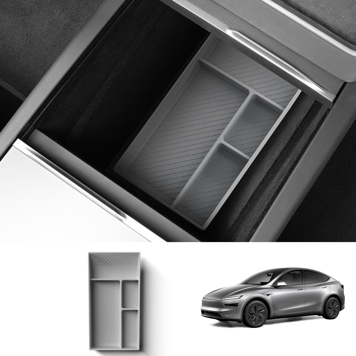 Silicone Center Console & Armrest Lower Storage Tray for Tesla Model Y Juniper 2025+ Center Storage Tray Only Grey